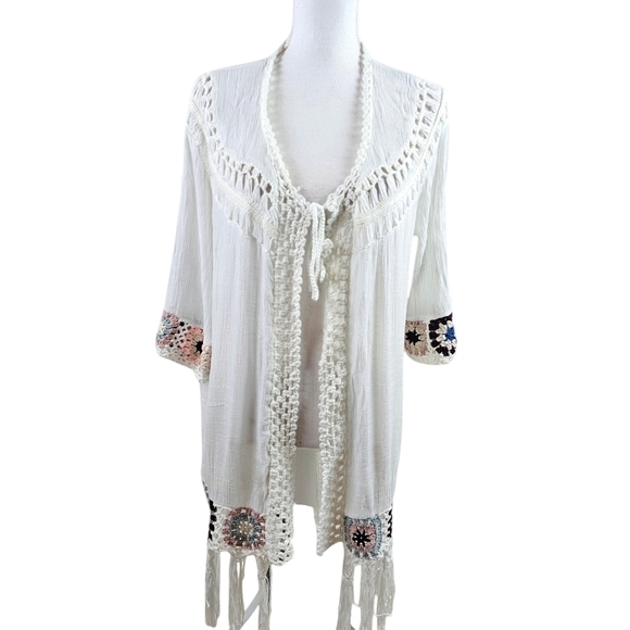 Oliver Sweaters - Oliver Fringe Crochet Boho Open Front Kimono Duster in S